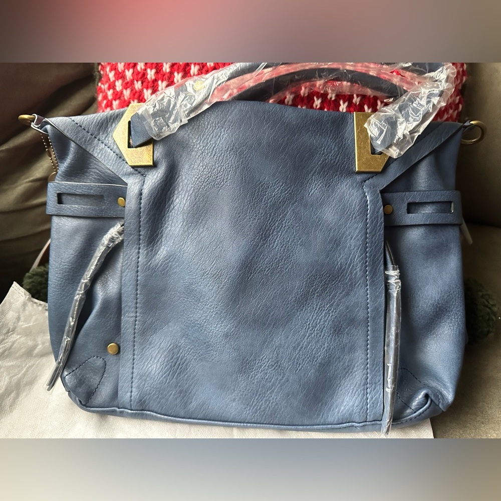 Denim Blue Vegan Leather Tote Handbag with crossbody strap! Soft and spacious